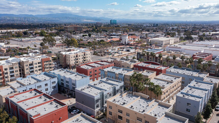 Daytime aerial view of dense housing in downtown Santa Ana, California, USA.