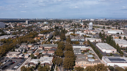 Daytime aerial view of dense housing in downtown Santa Ana, California, USA.