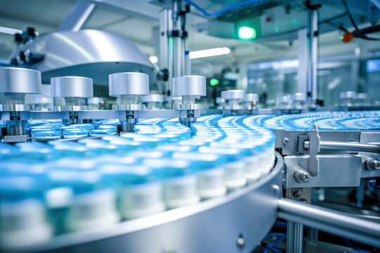 Pharmaceutical Facility: Advanced Technology Powers Production Line, Ensuring Precise Medicine Manufacturing And Filling Of Bottles.