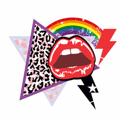 Design for lips, rainbow and thunderbolt symbol t-shirt. Vector illustration in pop art style.