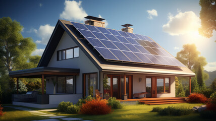 Obraz premium a realistic image of a house with photovoltaic panels on the roof generative ai