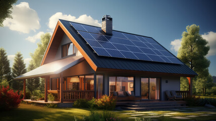a realistic image of a house with photovoltaic panels on the roof generative ai