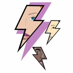 Design for thunderbolt symbols t-shirt with faces of women of different races. Vector illustration about feminist struggles and tolerance.