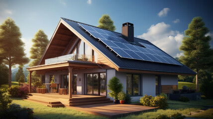 a realistic image of a house with photovoltaic panels on the roof generative ai