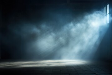 Dark, empty prison cell with rays of light in the smoke and a spot of light on the floor. - obrazy, fototapety, plakaty