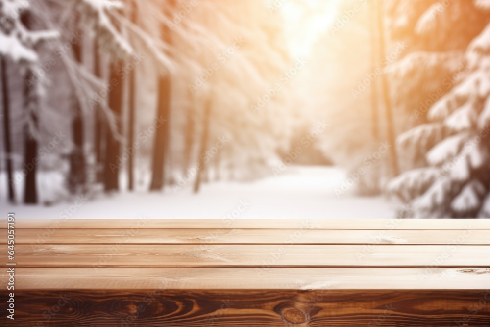 Poster Closeup on a Wooden Table with Winter Snowy Trees  in the Background for Product Display