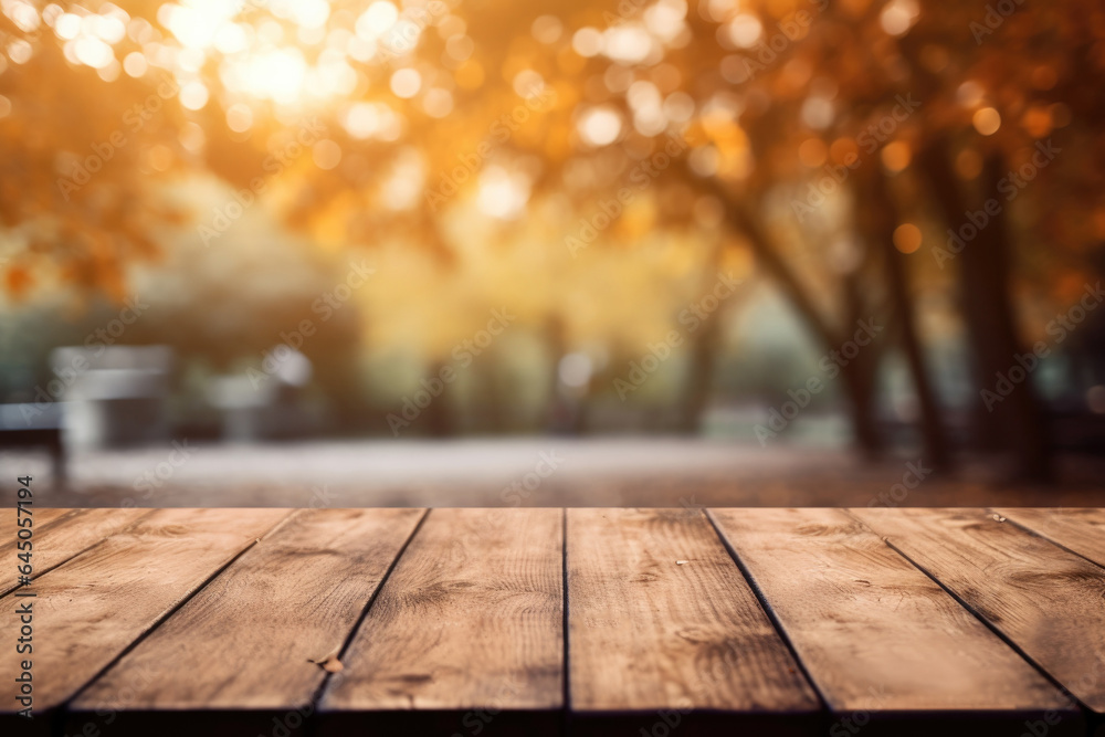 Wall mural Closeup on a Wooden Table with Fall/Autumn Leaves in the Background for Product Display