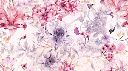 Fototapeta na wymiar a pink and purple floral wallpaper with butterflies and flowers. generative ai
