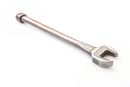 An isolated image of a steel wrench, showcasing its industrial design and robust build, ready for the hands of a skilled mechanic.