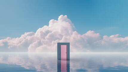 the door is open, in the style of luminosity of water, surrealistic futuristic, atmospheric clouds, liquid metal, confessional, colorful absurdism