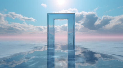 the door in the middle reflects rainbow, in the style of hyper-realistic water, light sky-blue and silver, modern surrealism, vray tracing, confessional, translucent water, minimalistic metal sculptur