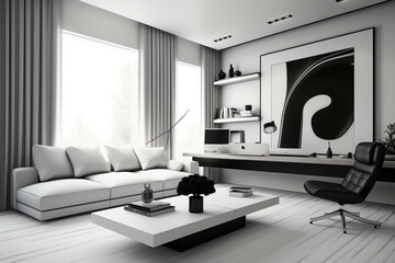 Contemporary monochrome living room and minimalist office interior with modern furniture. Generative AI