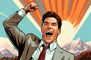 Business success captured vividly in pop art retro style. An ecstatic white male businessman raises his fist, his scream echoing the joy of achievement and victory.
