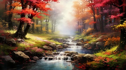 A tranquil forest scene transformed by the sudden burst of colorful leaves falling from the trees