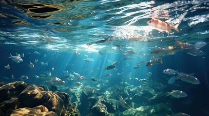  a large group of fish swimming in a large body of water.  generative ai