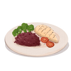 Healthy food on crockery plate ( rice berry, tomato, chicken steak, and broccoli) vector illustration isolated