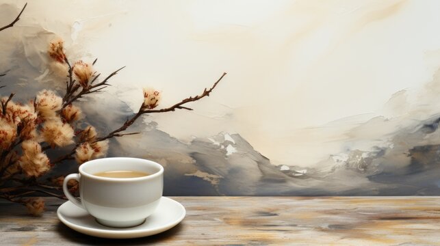 Coffee cup and flowers on a wooden table, AI