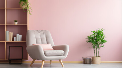 photograph of Comfortable armchair, shelving unit and houseplant near pastel wall.generative ai
