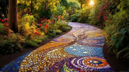 A tranquil garden path transformed into a lively mosaic of color as paint-filled projectiles burst upon it - obrazy, fototapety, plakaty