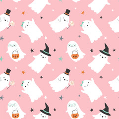 Vector seamless pattern with cute Halloween ghost with different characters on a pink background