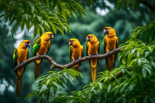 A tree with a few yellow parrots.
