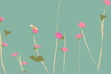 Ilustracja różowe kwiaty pszczoła osa zapylająca na jasnym pastelowym zielonym tle. - obrazy, fototapety, plakaty