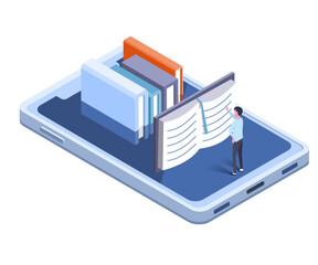 isometric illustration of people read books at online