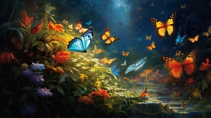 Fototapeta na wymiar A tranquil garden transformed by the sudden burst of colorful butterflies taking flight
