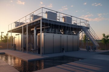 Evening water disinfection station with mezzanine, steel tanks, and 3D rendering for providing city with clean drinking water. Generative AI