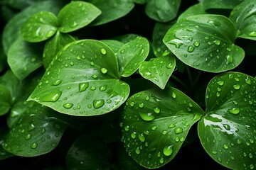 Naklejka premium Green foliage with droplets of water. Generative AI