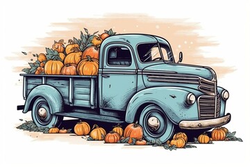 Colorful vintage truck with pumpkins on white for Halloween designs. Generative AI