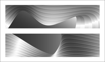 Monochrome cover design, abstract background. Wavy silver parallel gradient lines, ribbons, silk. Set of 2 backgrounds. Black and white with shades of gray banner, poster. eps vector