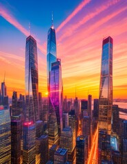 Future skyscrapers at sunset