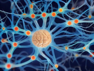 Human brain with cell and neurons, 3d render, computer digital illustration