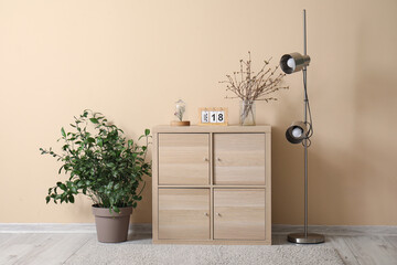 Wooden cabinet and houseplant near beige wall