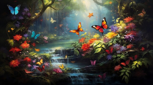 A tranquil garden transformed by the sudden burst of colorful butterflies taking flight