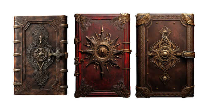 ancient decorative leather book cover. collection of old books. Isolated transparent PNG file.