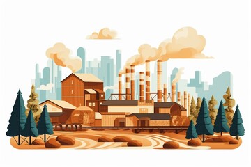 Flat illustration of lumber for paper mill with factory, industrial treatment, wood pulp to paper process, deforestation and ecology. Generative AI
