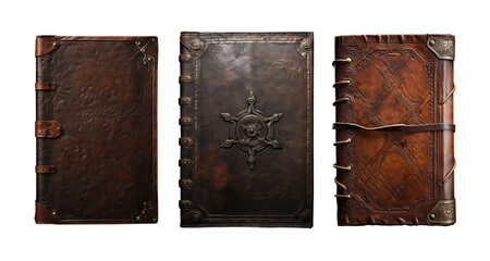 collection of antique book cover. old leather hardcover. Fancy decorative spell book. Isolated transparent PNG file.