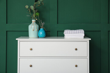 Vase with eucalyptus branches on white chest of drawers near green wall
