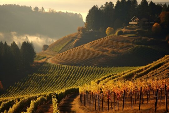 A hillside vineyard near Salem, Oregon. Generative AI
