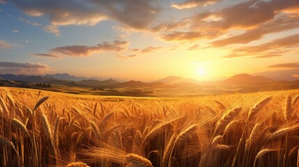  a field of wheat with the sun setting in the background.  generative ai