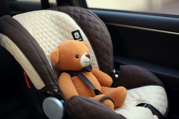 A secure car seat for infants featuring a cute plush toy. Generative AI