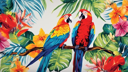  two colorful parrots sitting on a branch surrounded by tropical flowers.  generative ai