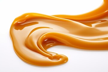 Close-up photo of caramel sauce flowing, isolated on white background. Generative AI