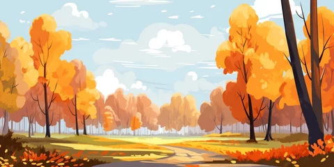 Gardinen Landscape illustration of mixed forest in autumn season. Beautiful autumn park. Warm autumn. Cartoon animals, autumn trees, falling colorful leaves, clouds on the blue sky. Gold autumn. © AlexRillos