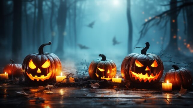 Spooky Halloween Pumpkins in a Foggy Forest