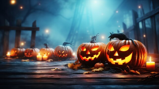 Spooky Halloween Pumpkins on Wooden Porch