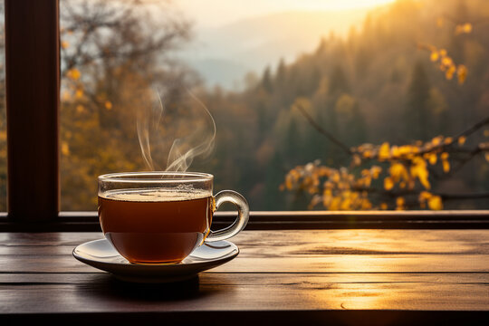 A steaming cup of tea stands on a windowsill overlooking a colorful autumn forest. The image epitomizes silence and tranquility.