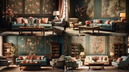 A vintage-inspired living room with Traditional Floral Wallpaper, exuding timeless charm and sophistication. 